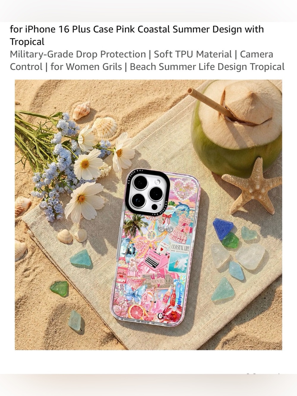 IP 16 plus case pink coastal summer design with tropical military grade drop